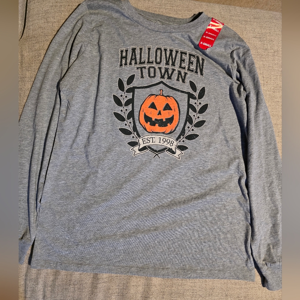 New State of Mind Size XS Halloween Town Pumpkin Shirt Heather Gray Long Sleeve